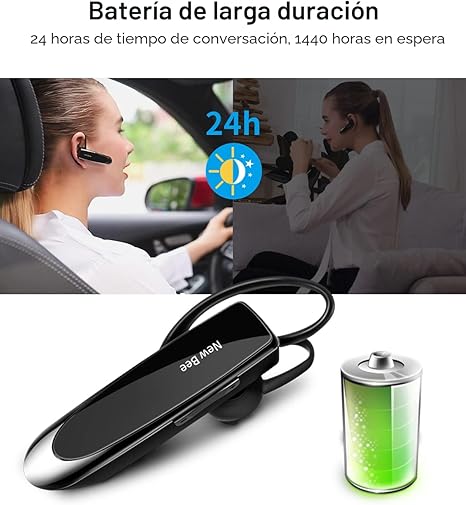 New bee Auricular Bluetooth V5.0 Auriculares inalámbricos manos libres con micrófono 24 horas Auriculares de conducción 60 días tiempo en espera para iPhone, Android, Samsung, portátil, camionero