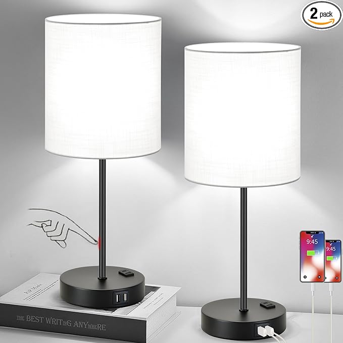 Lynnoland 𝟮𝟬𝟮𝟯 𝗡𝗘𝗪 Juego de 2 lámparas de mesa con control táctil con 2 USB y toma de corriente CA, lámparas de mesita de noche regulables de 3 vías para dormitorio, sala de estar, guardería