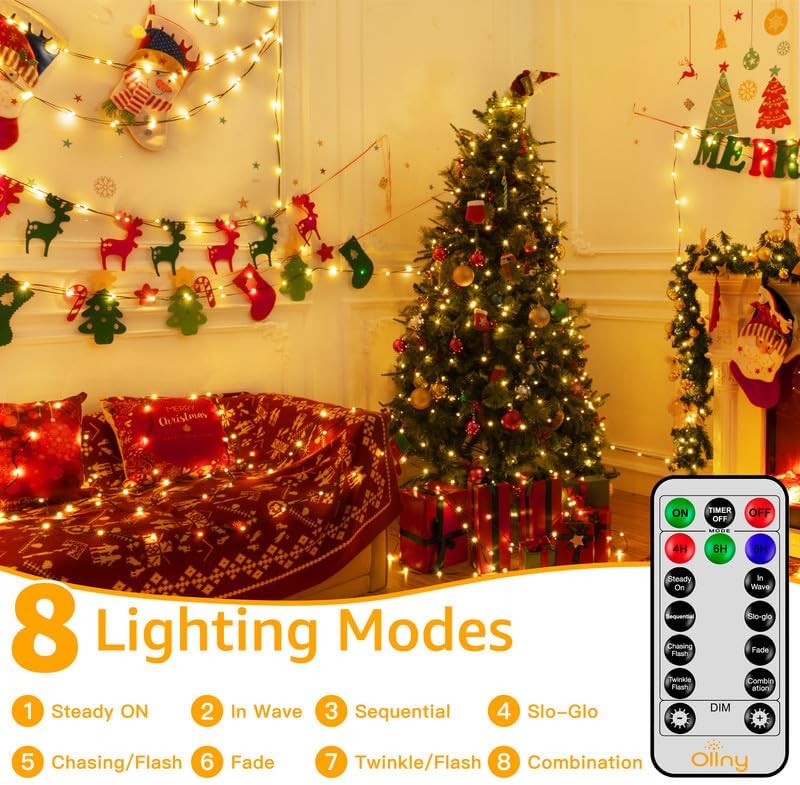 llny Luces LED de 198 pies 600 LED para exteriores, impermeables, enchufables, para árbol de Navidad, con 8 modos de temporizador remoto, cadena de luces para casa, patio, exterior, interior