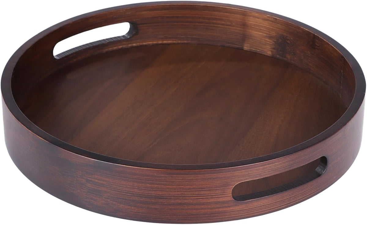 Bandeja redonda de madera para decoración - Bandeja decorativa de madera de 30 cm con vetas de nogal, bandeja vintage marrón para mesa de centro, encimera de cocina o sala de estar.