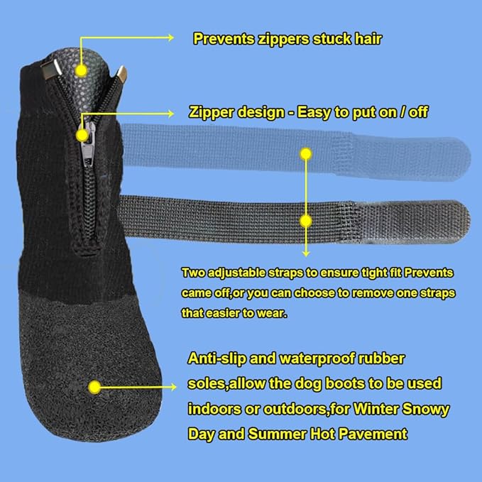 VALFRID Zapatos de perro con agarre impermeable, botas antideslizantes para perros, botas con cremallera para perros, protectores de patas para suelos de madera dura, interiores y exteriores, para perros pequeños, medianos y grandes, color negro