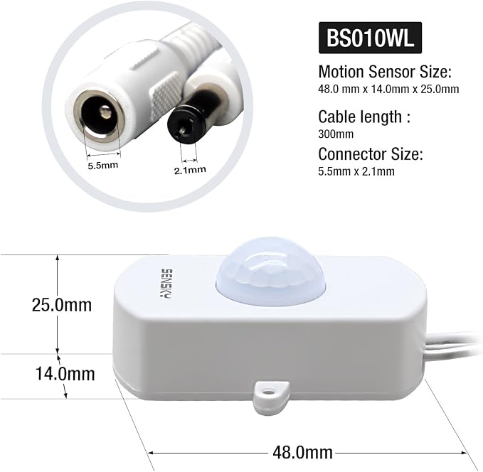 SENSKY BS010WL DC 12v a 24v Mini Pir Sensor de Movimiento Interruptor de Ocupación Sensor de Ocupación para DIY Iluminación LED (Sensor de Luz, Tiempo de Retraso, Distancia del Sensor, Ajustable)