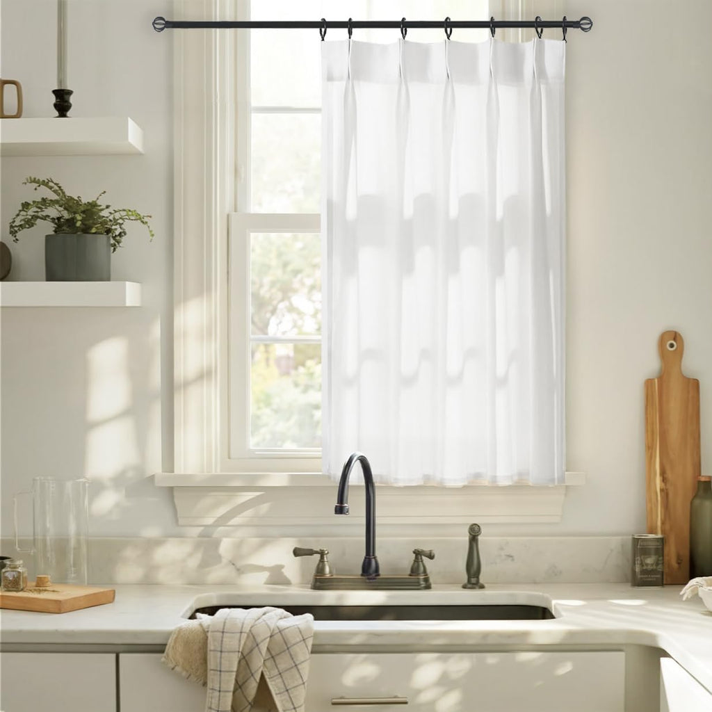 Cortinas Cortas de Lino Lino Rosa 30x48 Pulgadas, Estilo Farmhouse Boho, Pliegues Pinch, Transparentes, Blancas