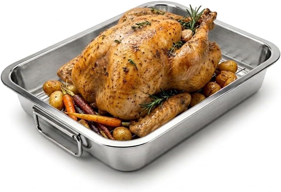 Asadera de Acero Inoxidable con Rejilla y Asas 15.5 x 11.6 pulgadas | Sin Recubrimiento Apta para Lavavajillas para Pavo, Pollo y Vegetales