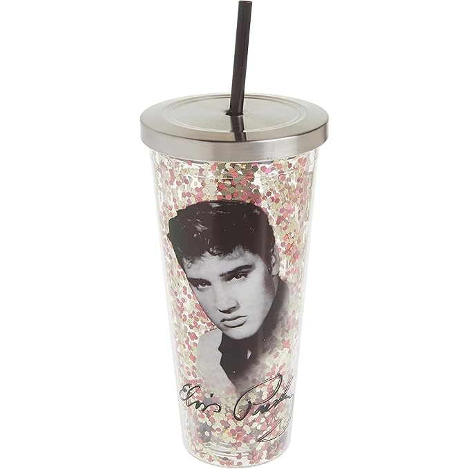 Vaso con Glitter Elvis Presley con Popote – Multicolor | Spoontiques
