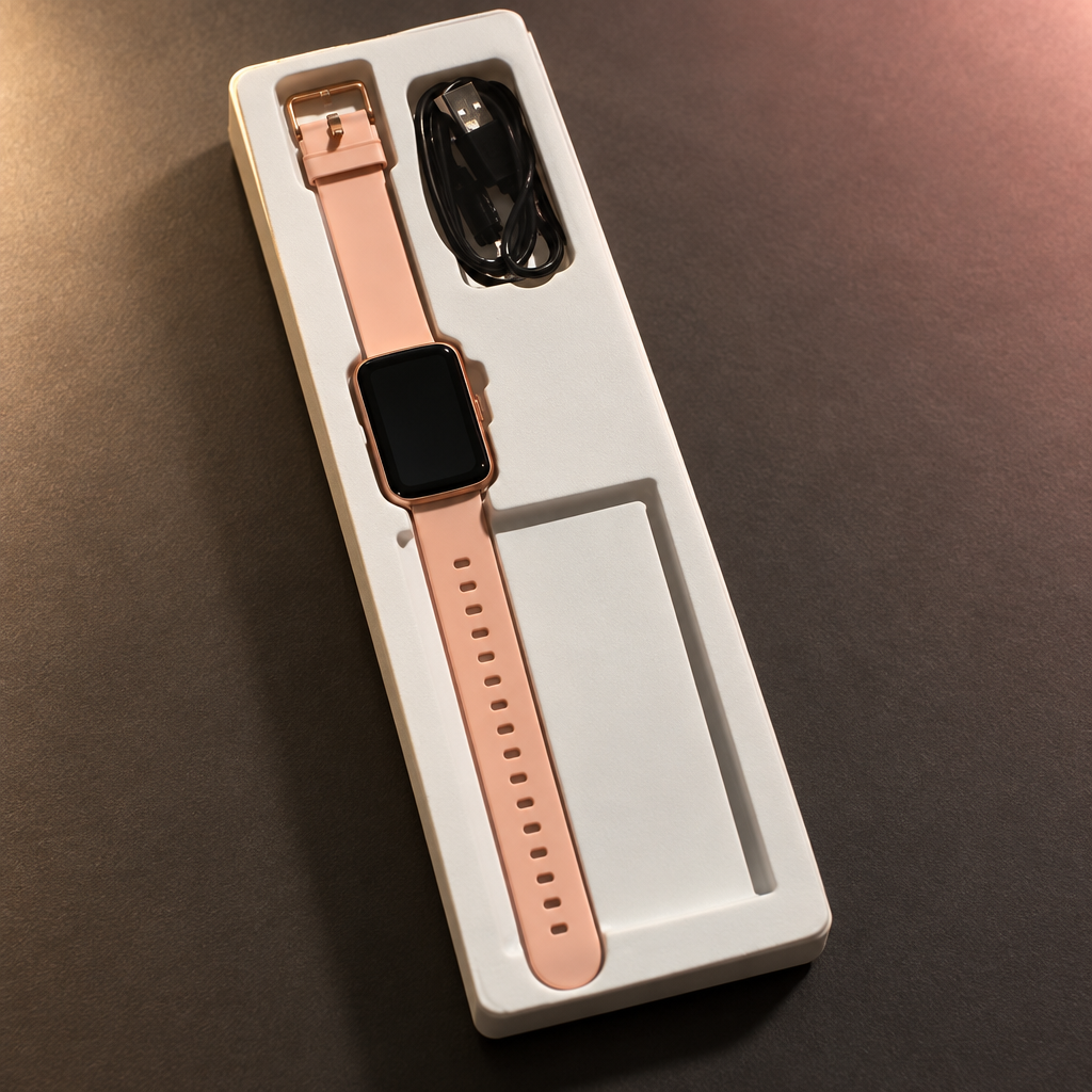 Reloj de pantalla rectangular con correa rosa y acabado oro rosado, estilo moderno para tu día a día