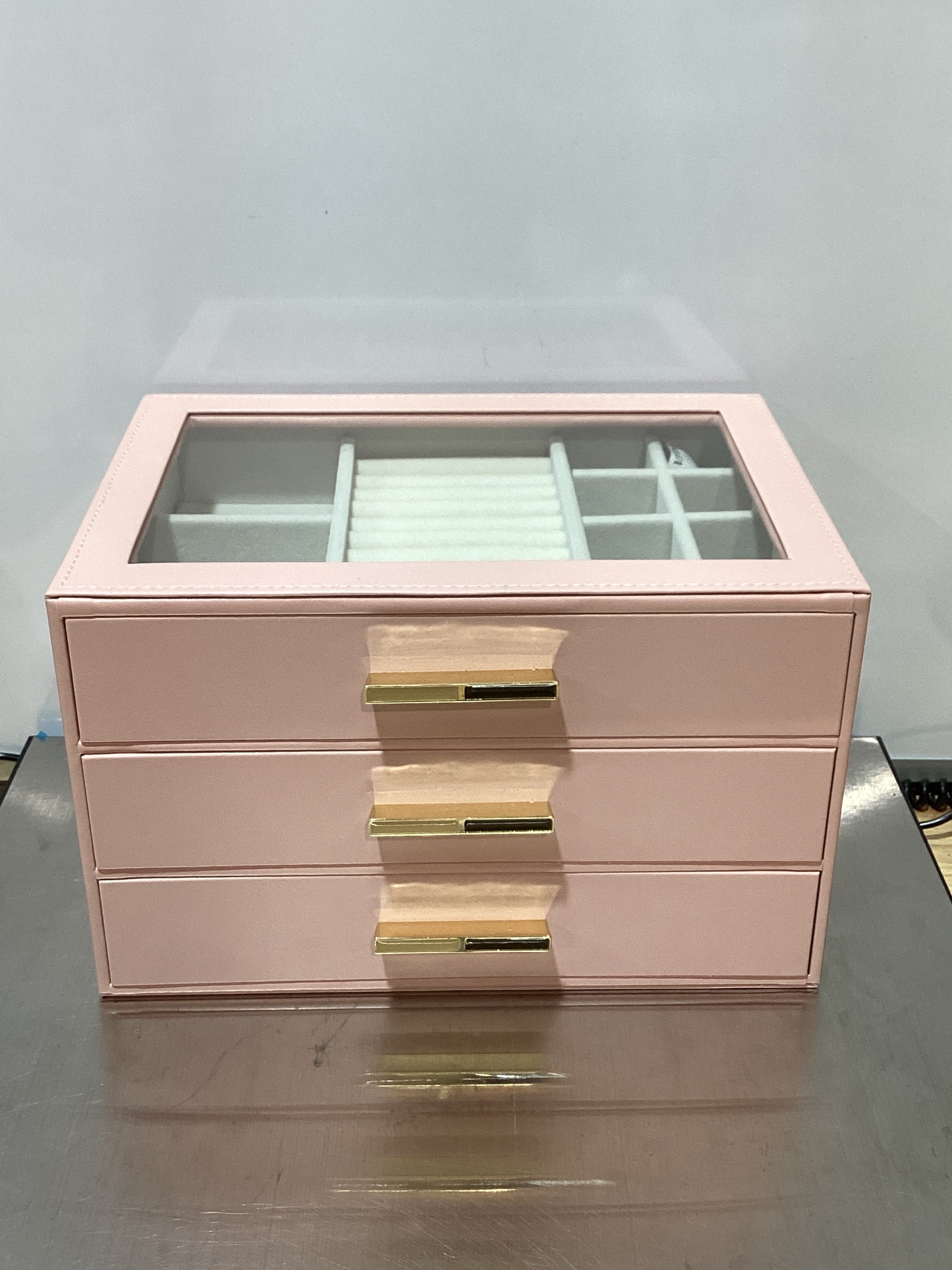 Joyeros para mujer, joyero con tapa de cristal y 3 cajones, organizador de joyas para collares, anillos, hijas, hermanas, damas de honor, regalo del Día de la Madre (rosa) 