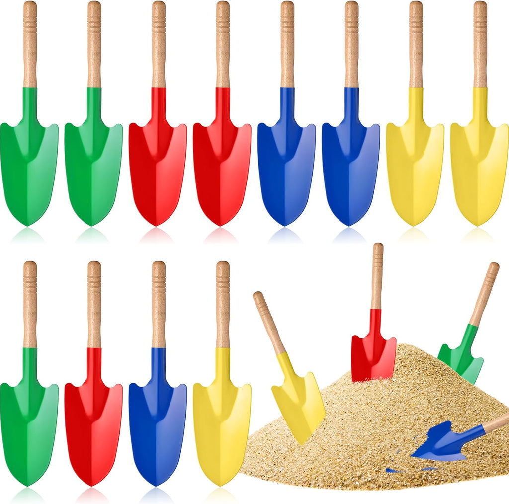 Gisafai 12 palas de juguete para niños, herramientas de jardinería, mini palas de metal para jardín, palas de arena con mango de madera resistente para verano, playa, tierra, plantar, cavar, herramientas para niños pequeños, 4 colores