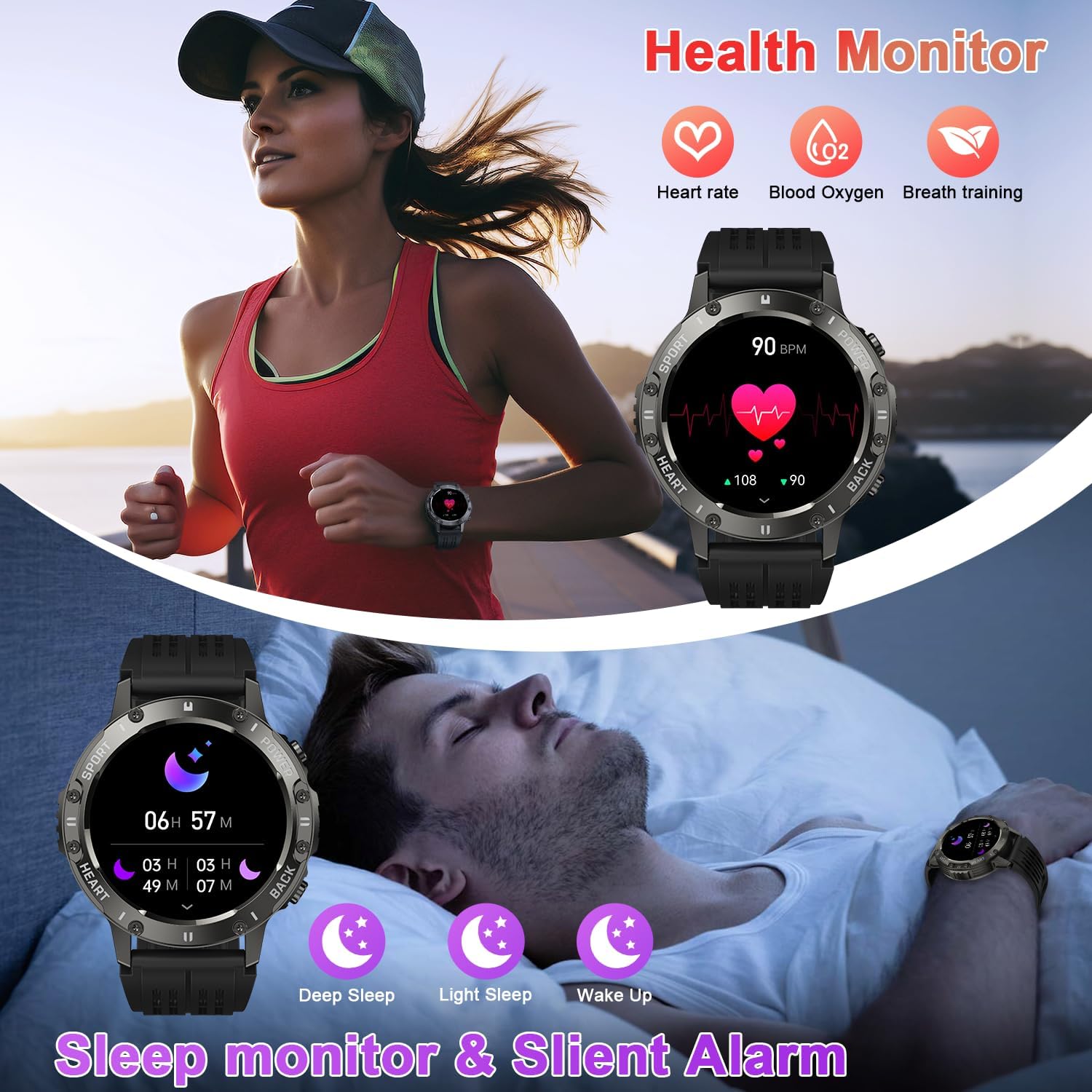 Smartwatch Militar para Hombre — Fitness Tracker, Llamadas, Impermeable, SpO2, Ritmo Cardíaco, Compatible Android e iPhone