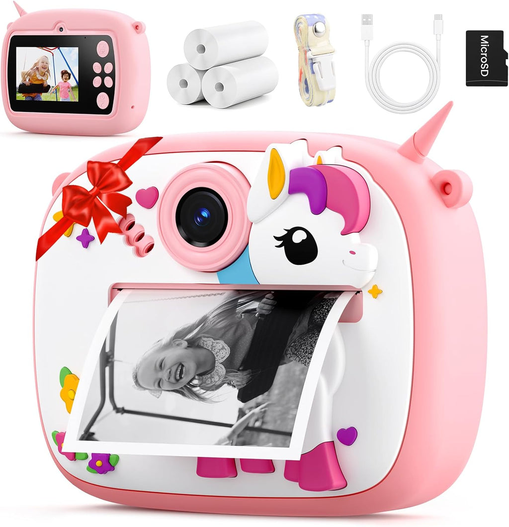 YOZISS Kids Camera Instant Print, Digital Camera for Kids, Christmas Birthday Gift for Boys Girls 3-12 with Silicone Cover, Selfie Cam No-Ink Instant Print with SD Card & 3 Rolls Paper (Pink)