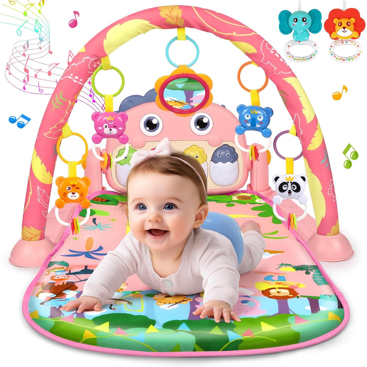 Gimnasio de Actividades UMIKU para Bebe | Tapete de Tiempo Boca Abajo con Piano, Musica y Luces | Centro de Juego para Recien Nacidos e Infantes | 0-12 Meses | Dinosaurio Rosa