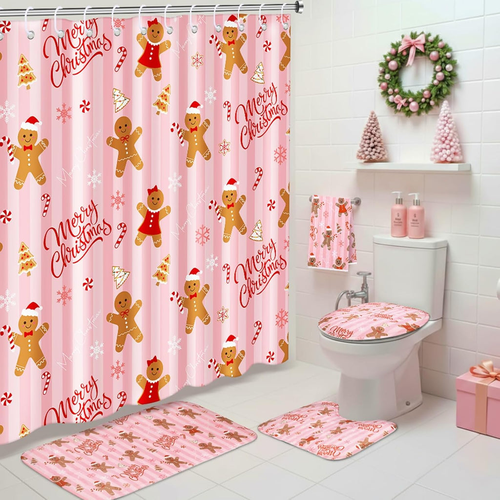 Maasechs 6 Pcs Christmas Gingerbread Man Shower Curtain Sets Bathroom Set with Waterproof Shower Curtain 72 x 72 Inches Toilet Lid Cover Towel U Shaped Rugs Non Slip Bath Mat Hook for Bathroom Decor
