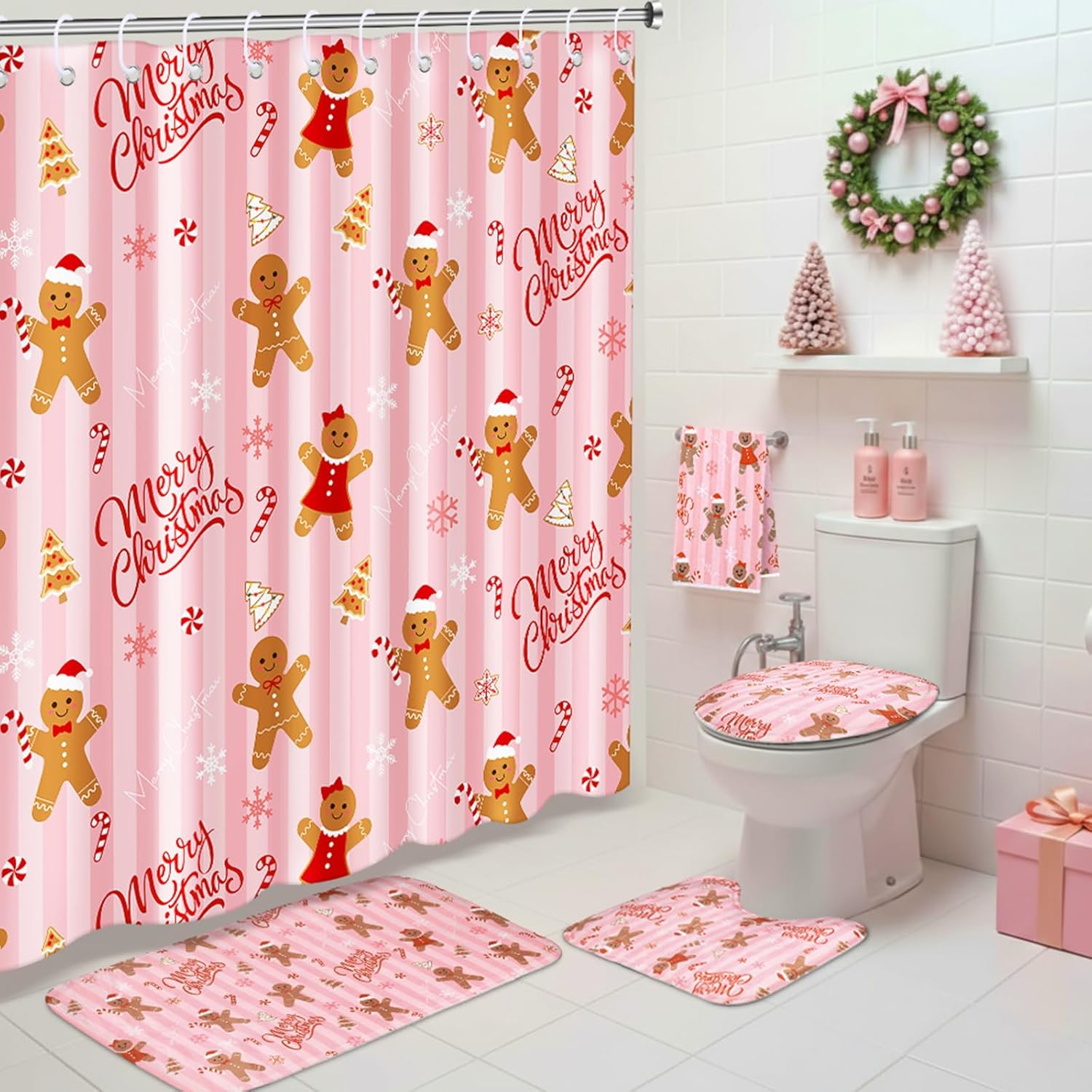 Maasechs 6 Pcs Christmas Gingerbread Man Shower Curtain Sets Bathroom Set with Waterproof Shower Curtain 72 x 72 Inches Toilet Lid Cover Towel U Shaped Rugs Non Slip Bath Mat Hook for Bathroom Decor