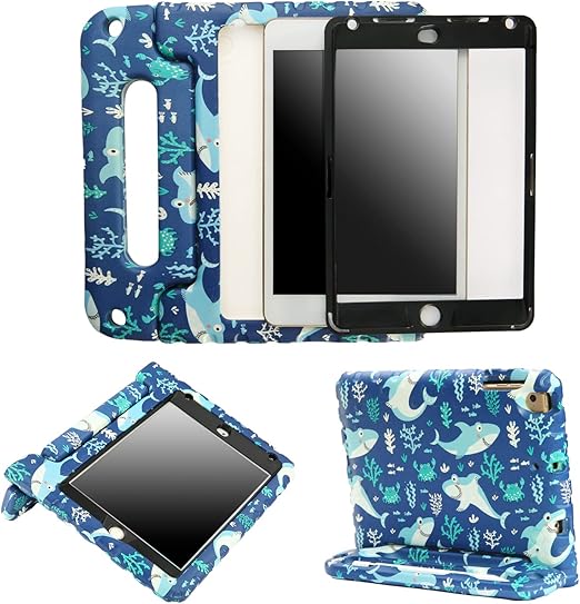 HDE Funda para iPad Mini 5 y 4 para niños con protector de pantalla integrado, soporte de mango a prueba de golpes con soporte para Apple Pencil compatible con iPad Mini de 5ª generación y iPad Mini de 4ª generación Tablet Shark