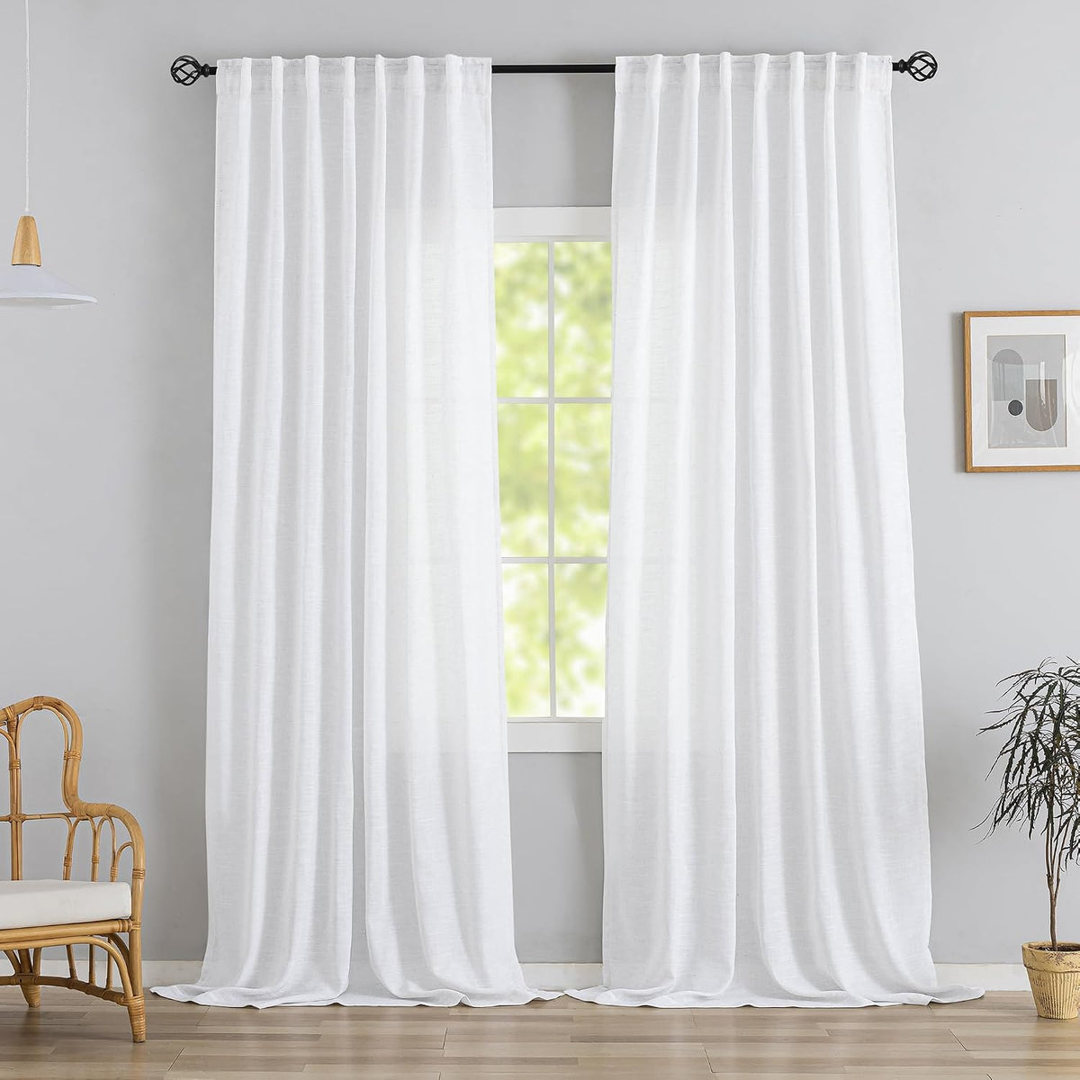 Cortinas DONREN de lino blanco con trabillas traseras, 320 cm (126 pulgadas) de largo, desde el techo hasta el suelo, ideales para villas rústicas. Incluye 2 paneles con ganchos, pliegues, fácil deslizamiento, filtran la luz y brindan privacidad