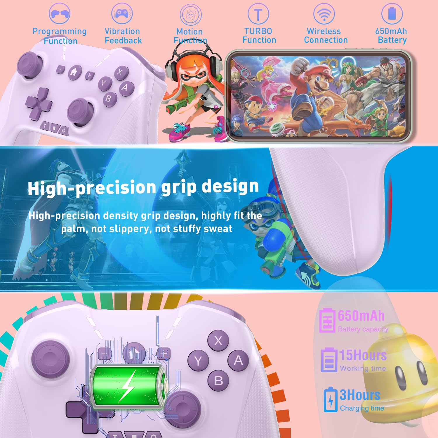 Controlador Bluetooth para Switch/Mac/PC/Steam/Teléfono móvil/iOS/Android/TV/iPad/Table/Juegos MFi de Apple Arcade, controlador inalámbrico Switch Pro con movimiento dual ajustable, Turbo, macros, 6 ejes,.