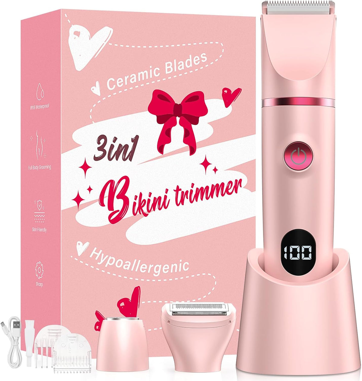 Recortadora Bikini Crolanli para Mujer 3 en 1 | Rasuradora Eléctrica IPX7 Impermeable, Recargable e Inalámbrica | con Pantalla LED | para Zona Íntima, Rostro, Axilas y Piernas | Rosa
