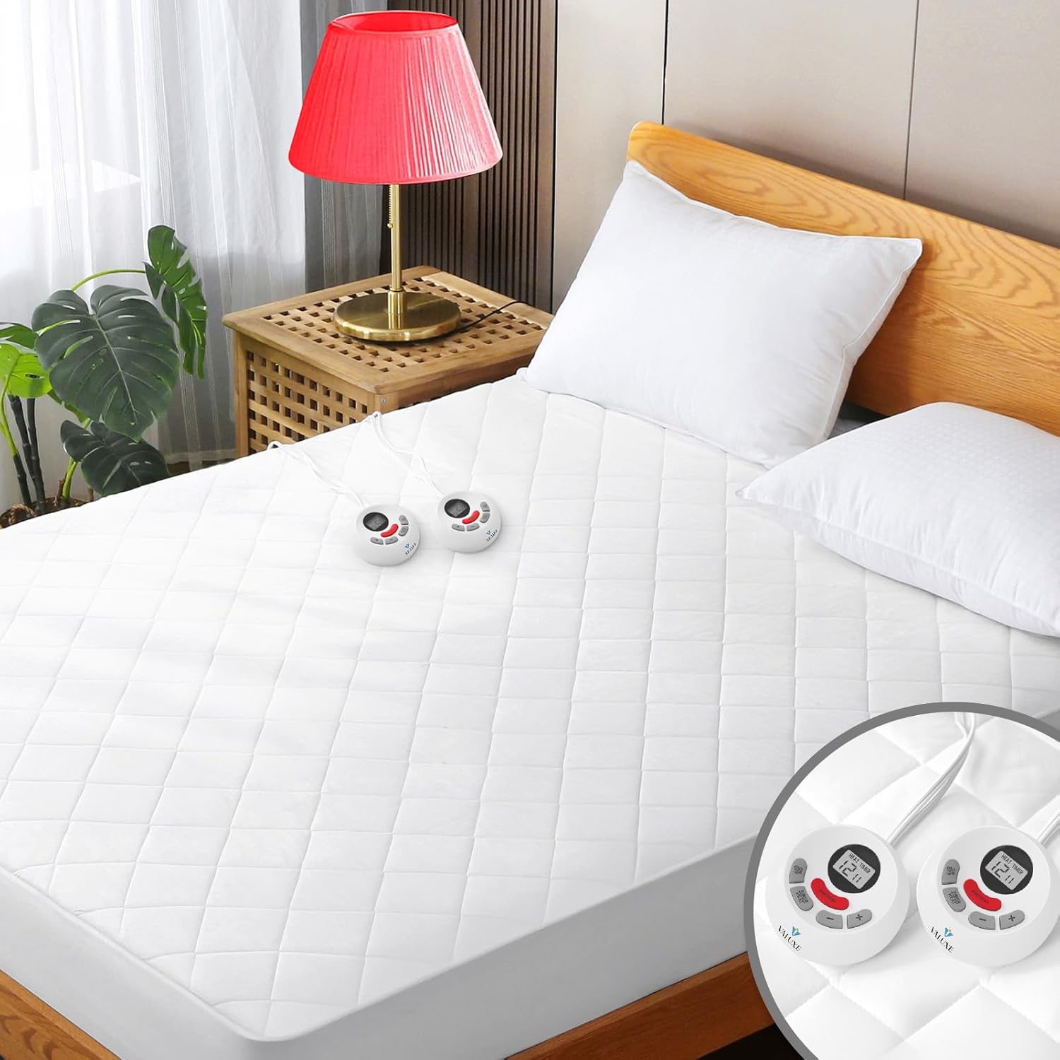 Protector de colchón térmico tamaño Queen, acolchado, con zonas calefactables, eléctrico, de lujo, cómodo y con doble controlador (10 niveles de temperatura, apagado automático de 1 a 12 horas, bolsillo de 20 a 53 cm de profundidad) 