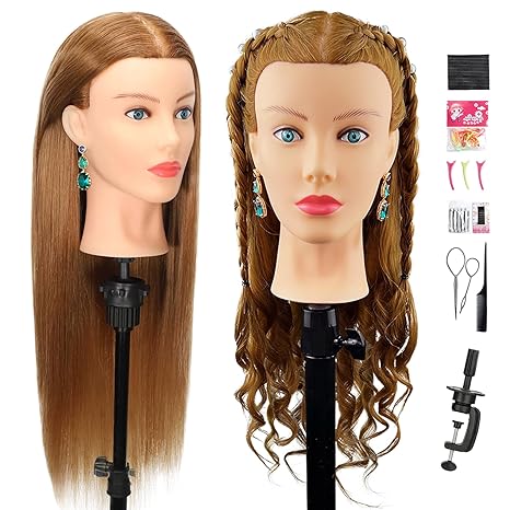 Firstwon Mannequin Head Human Hair- Cosmetology Manikin Doll Head with 80% Real Hair for Hairdresser Practice Styling BraidingTraining Heads & Free Clamp Holder (Color #27）