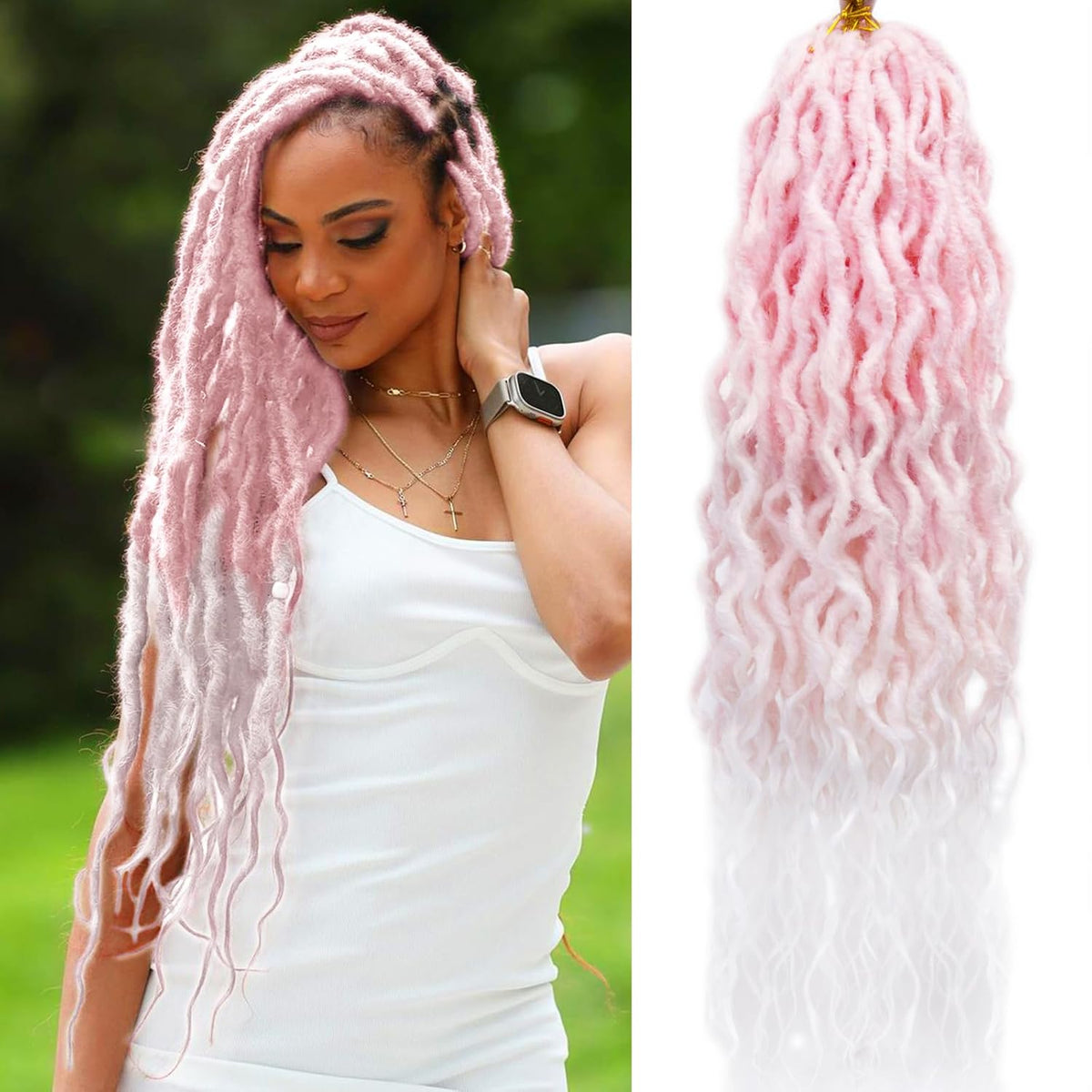 Extensiones Faux Locs Crochet 61 cm – Locs Suaves con Puntas Rizadas Bohémias, 6 Paquetes, Rosa/Blanco
