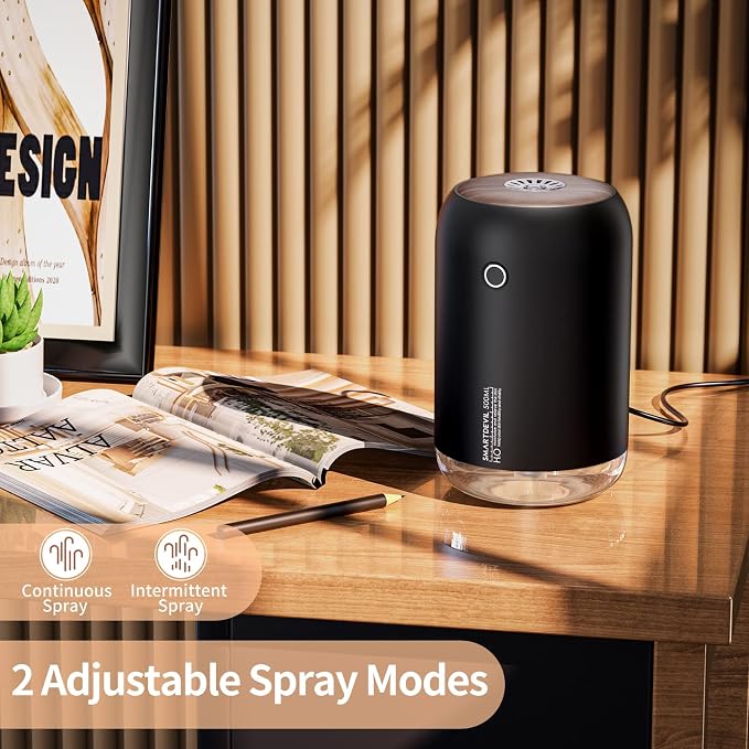Humidificador portátil pequeño SmartDevil, mini humidificador de escritorio de 500 ml, humidificador personal USB para dormitorio, oficina, viajes, plantas, apagado automático, 2 modos de niebla, súper silencioso, negro