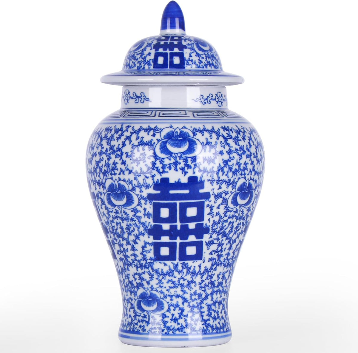 ⚠️ Pequeño Daño – Jarrón de Jengibre Azul y Blanco con Tapa – Estilo Chinoiserie Double Happiness, Porcelana Antigua para Decoración del Hogar