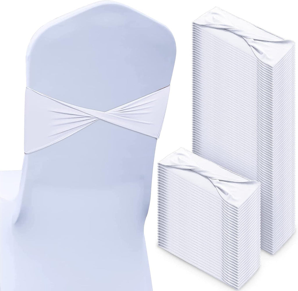CHENGU 100 piezas de lazos elásticos para sillas, lazo liso, bandas para sillas de boda, estilo real, sin hebilla, decoraciones de cumpleaños, lazos elásticos, lazos deslizantes de spandex para eventos, fiestas y ceremonias (blanco)