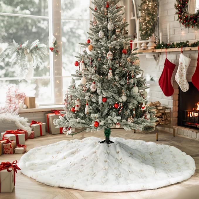 Falda de Árbol de Navidad Grande de 36 Pulgadas Falda de Árbol Blanca Faldas de Árbol de Navidad de Piel Sintética Decoraciones de Navidad para Adornos de Árbol de Vacaciones Fiesta de Navidad