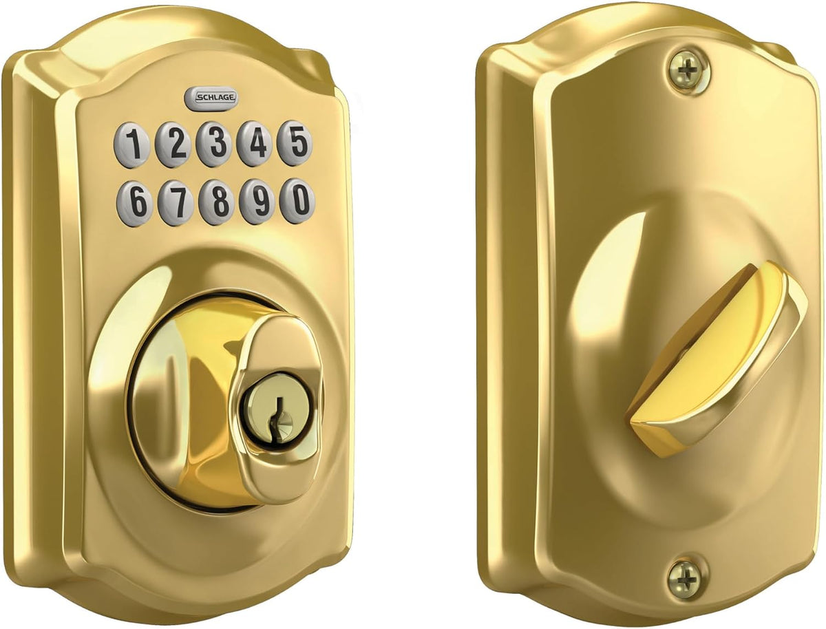 Cerradura Electrónica con Teclado Schlage Camelot BE365 CAM 505 | Entrada Sin Llave Puerta Principal | Llave Mecánica de Respaldo | Latón Brillante | 1 Unidad