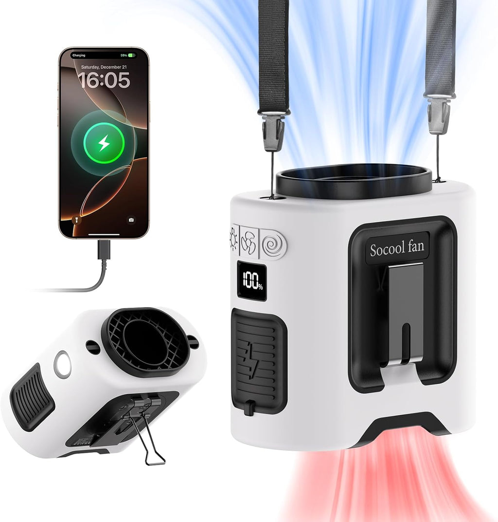 Ventilador Cintura Portátil Socool 14500mAh Clip Cinturón Rotación 360 Abanico Corporal Recargable Ventilador Personal Camisa, Enfriamiento 67h Ventiladores 5 Velocidades Batería Operados Luz, Abanico Cuello Colgante Campismo Viaje