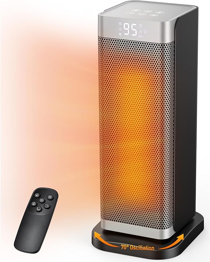 Calentadores de espacio para uso en interiores, calentador eléctrico de 1500 W con termostato, oscilación de 70°, control remoto, 3 modos, temporizador de 12 horas, calentador portátil para dormitorio, oficina, hogar