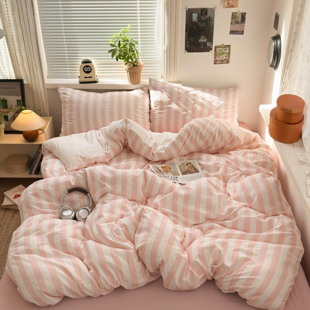 Funda nórdica Sedefen a rayas rosas tamaño Queen, juego de ropa de cama a rayas naranjas y rosas con cierre de cremallera oculto, funda nórdica reversible de microfibra suave con estampado de rayas para niñas y niños.