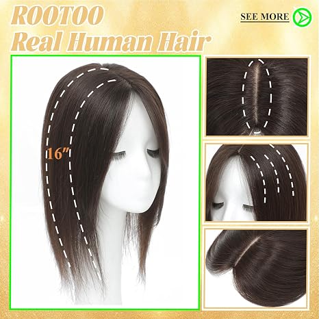 Topper de Cabello Humano Rootoo para Mujer 14" — Cubre Corona, Parte Central, Base Grande 360°, Café Oscuro