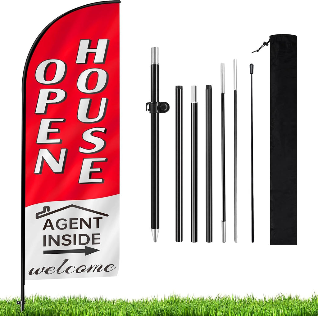 Banderas Open House 7.9 Pies para Agentes Inmobiliarios | Kit de Bandera Tipo Pluma y Poste | Senal Open para Publicidad Exterior de Negocios