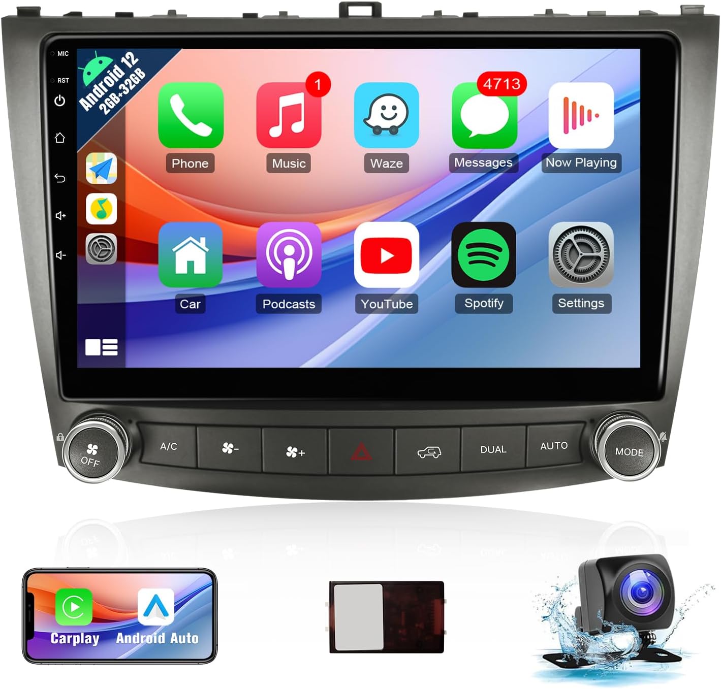 Pantalla Android Naifay para Lexus IS250 IS300 IS350 (2006-2012) - 10.1" IPS Táctil, CarPlay & Android Auto Inalámbrico, GPS, Bluetooth 5.1, WiFi, Cámara de Reversa, SWC