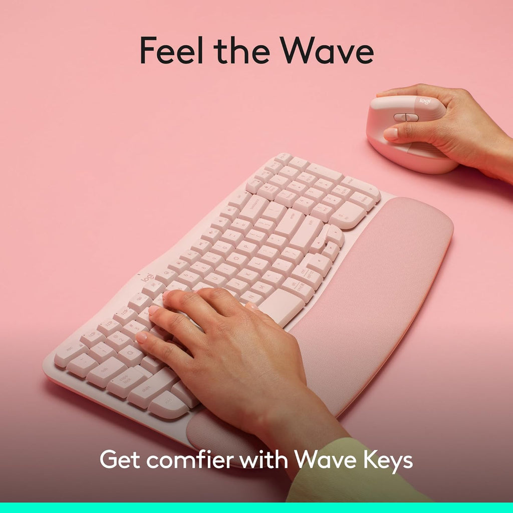 Teclado Ergonómico Inalámbrico Logitech Wave Keys — Reposamuñecas Acolchado, Bluetooth + Logi Bolt, Multi-OS, Rose