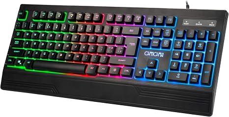 Teclado RGB para juegos, teclado de juego retroiluminado con teclas LED de arcoíris, teclado de juego USB cableado económico con reposa muñecas, teclado completo retroiluminado RGB para PC Xbox PS4