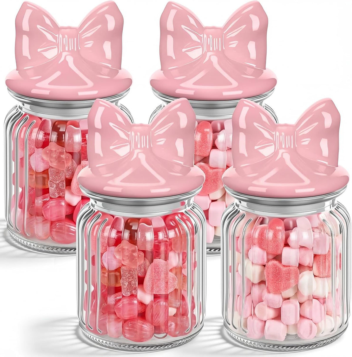 Potchen Frascos de Dulces con Lazo Rosa | Frascos de Vidrio Hermeticos para Galletas con Tapa de Ceramica con Lazo | Rayas Transparentes | para Primavera, Verano y Baby Shower | 4 Sets, 8 oz