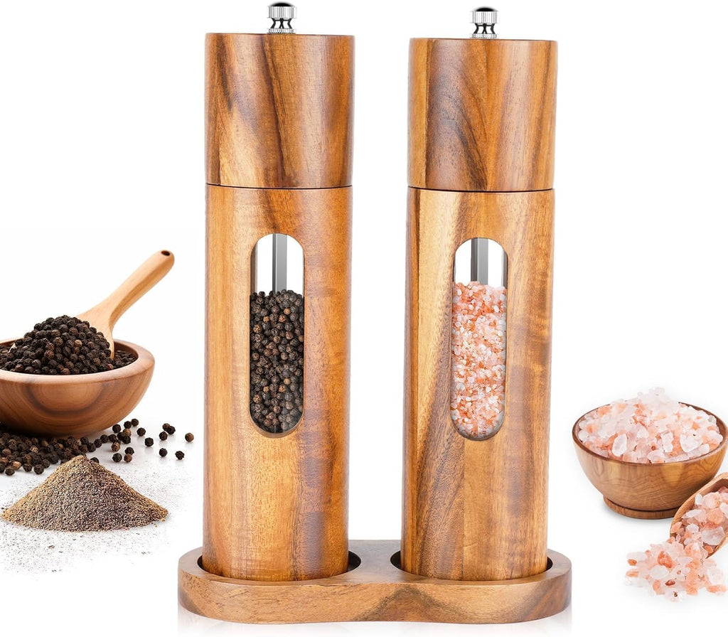 Molinillo de pimienta de madera de acacia y acrílico, molinillo de pimienta de madera con molinillo de cerámica ajustable, juego de molinillos de sal y pimienta para cocina y comedor, molinillo de sal manual duradero