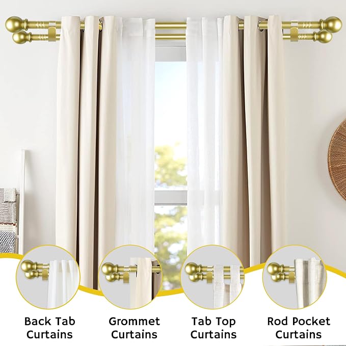Barras de Cortina Dobles Doradas | Telescópicas y Ajustables | Con Soportes Incluidos | Para Dormitorio, Sala y Más