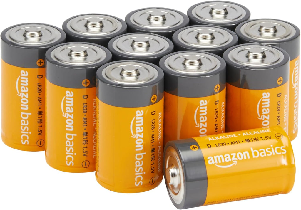 Pilas Alcalinas D Amazon Basics 12 Pack, 1.5 Voltios, Vida Útil Almacenamiento 5 Años, Potencia Larga Duración, Confiable para Relojes y Uso Emergencia