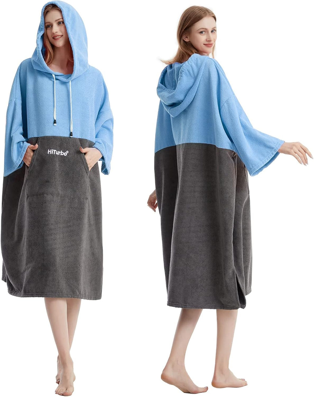 Bata de baño Hiturbo, poncho absorbente de secado rápido para surf, toalla con capucha de microfibra de manga 3/4 para playa, natación, surf y baño (azul/gris)