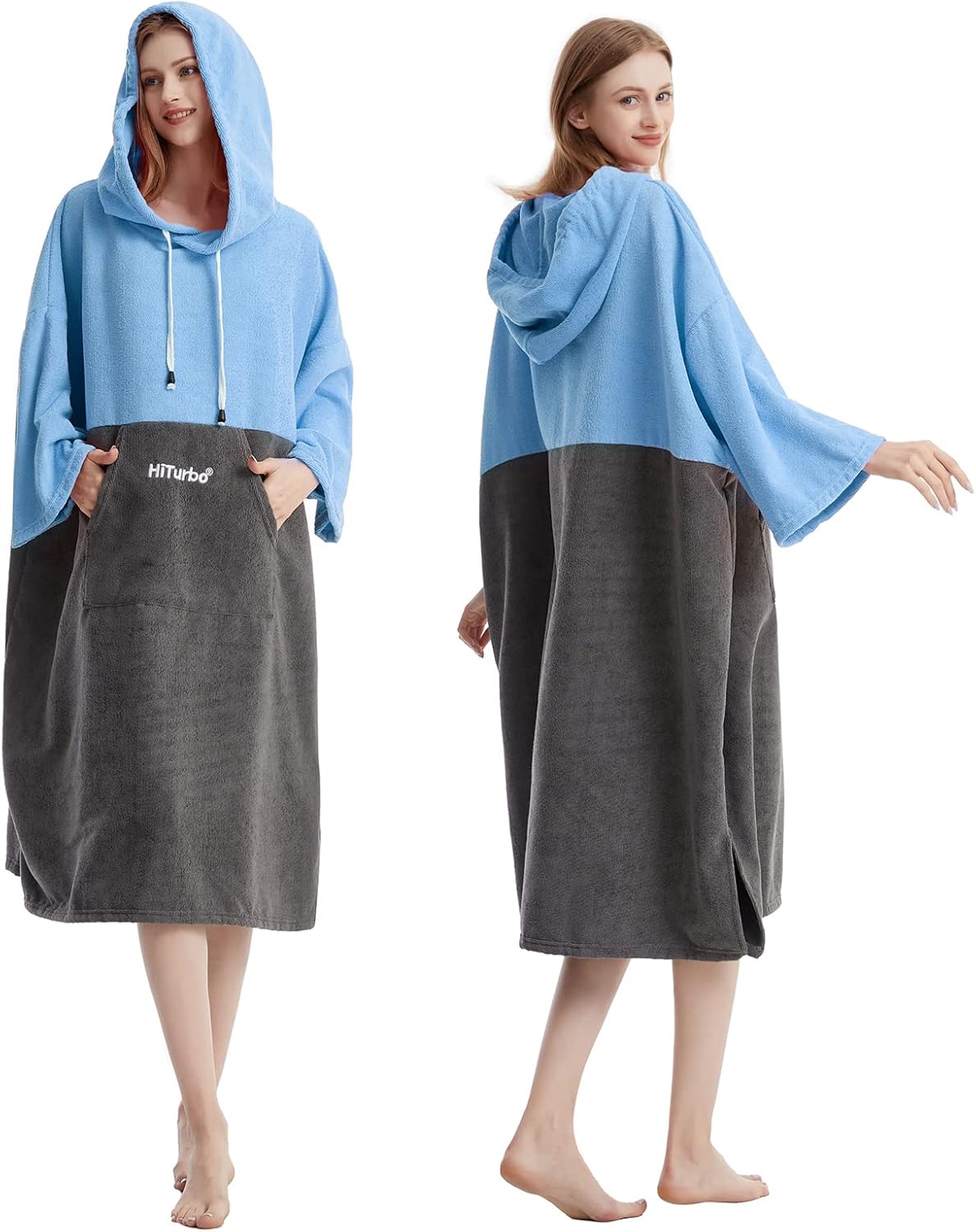 Bata de baño Hiturbo, poncho absorbente de secado rápido para surf, toalla con capucha de microfibra de manga 3/4 para playa, natación, surf y baño (azul/gris)
