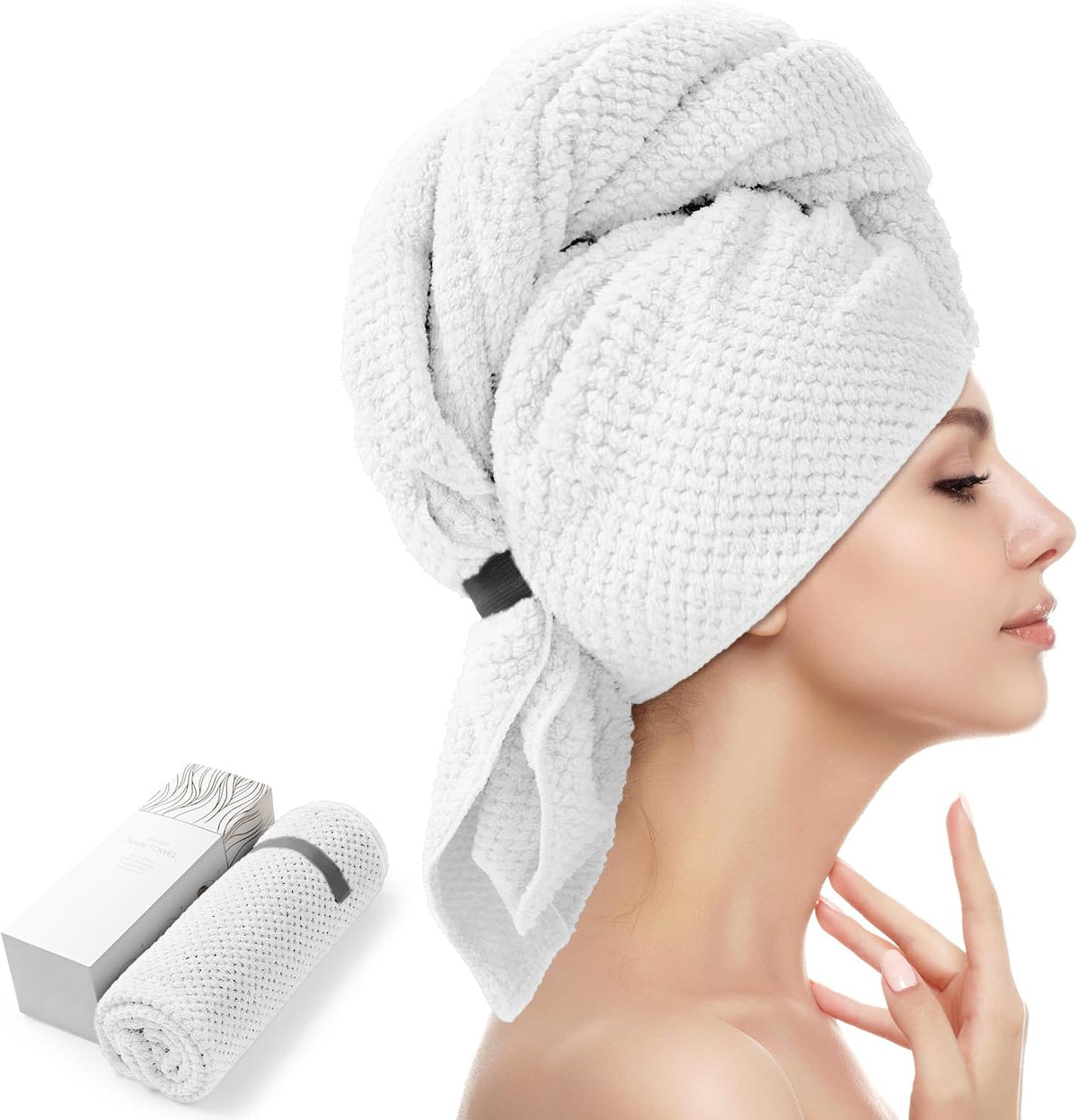Toalla de microfibra extragrande YFONG para mujer, toalla de microfibra superabsorbente para cabello rizado, turbante de secado rápido con elástico, toalla de secado para el cuidado del cabello de 76 x 102 cm (blanca).