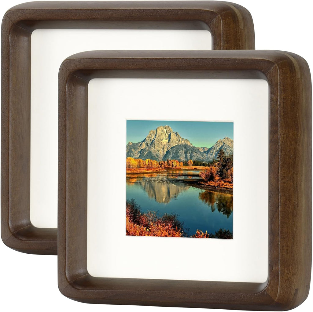 Set 2 Marcos Cuadrados 5x5 HELPLEX – Madera Nogal Natural, Vidrio Templado HD, Pared o Mesa