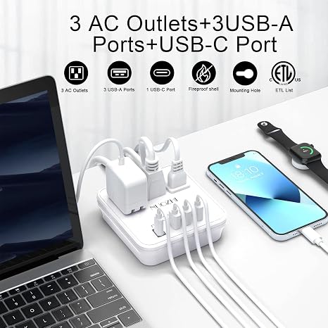 Cruise Essentials, NUOZHI - Regleta de alimentación de 6 pies con 3 salidas y 4 puertos USB (1 USB C), regleta sin protección contra sobretensiones para cruceros, viajes, oficina en casa