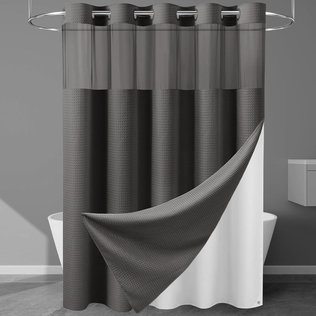 Cortina de ducha EUTXL gris carbón sin ganchos con forro a presión, 230 g/m², tejido gofrado, 71 x 74 pulgadas.
