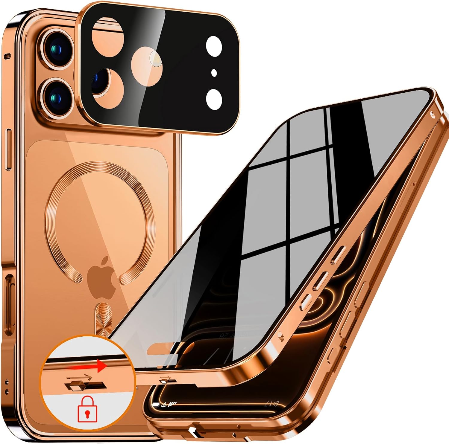Upholyee [CD Metal Ring & Automatic Pop-up Lock Magnetic Privacy Case for iPhone 17 Pro [Compatible with MagSafe] [Integrated Lens Protection] Full Body Bumper Cover with Built-in 9H Glass-Orange