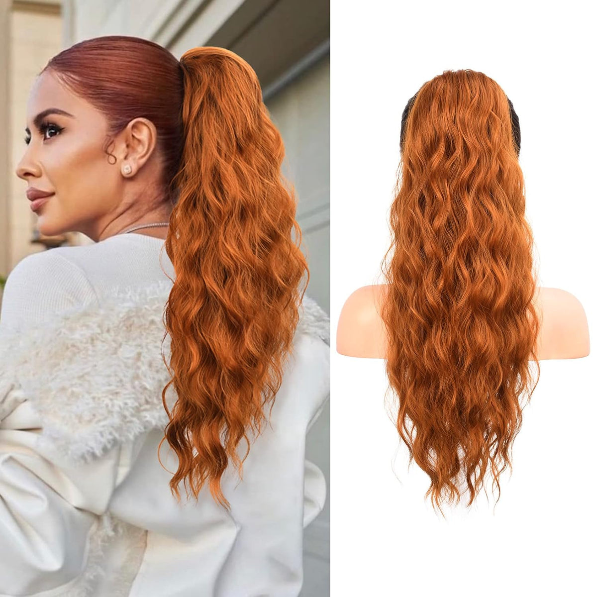 Flufymooz Extension de Cola de Caballo con Cordon | 22 Pulgadas | Largo Rizado Ondulado Natural | Sintetica para Uso Diario y Fiestas | Rojo Cobre