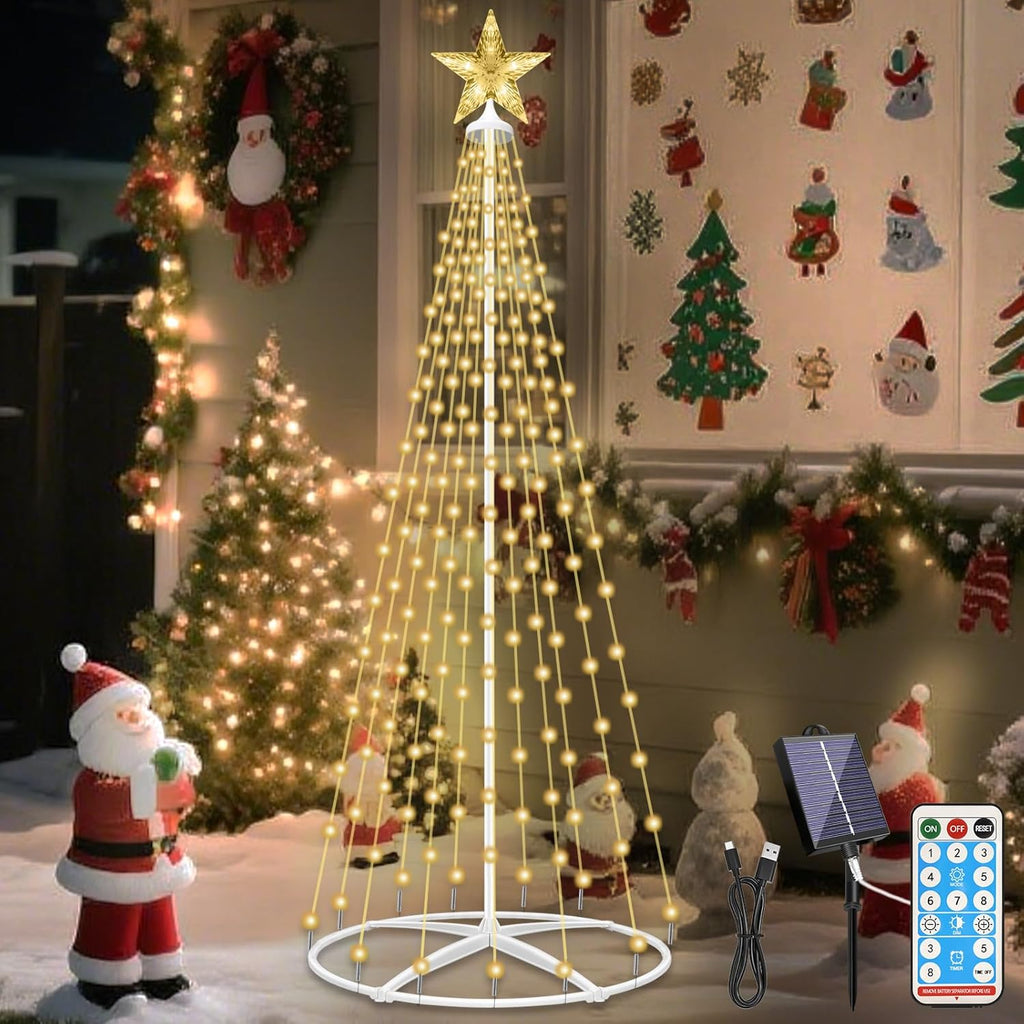 Luces solares para árbol de Navidad de exterior Forlivese de 202 LED, con forma de cono artificial iluminado de 1,5 m con control remoto, 8 modos, carga USB, temporizador e impermeable, ideal para jardín, patio, color blanco cálido. 